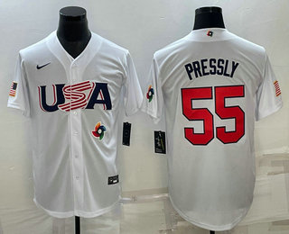 Mens USA Baseball #55 Ryan Pressly 2023 White World Baseball Classic Stitched Jersey